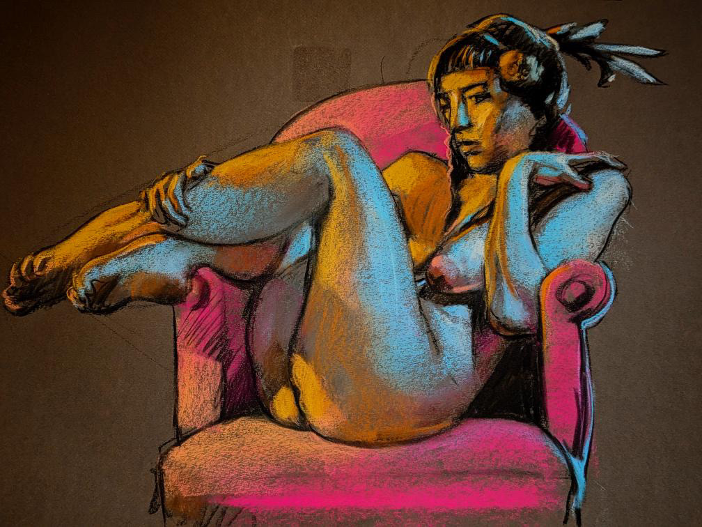 Charcoal figure drawing of Trinidad in a dramatic seated pose