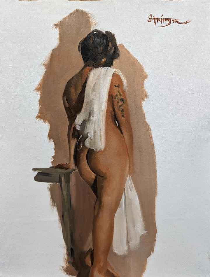 Painterly nude figure standing against a white ground